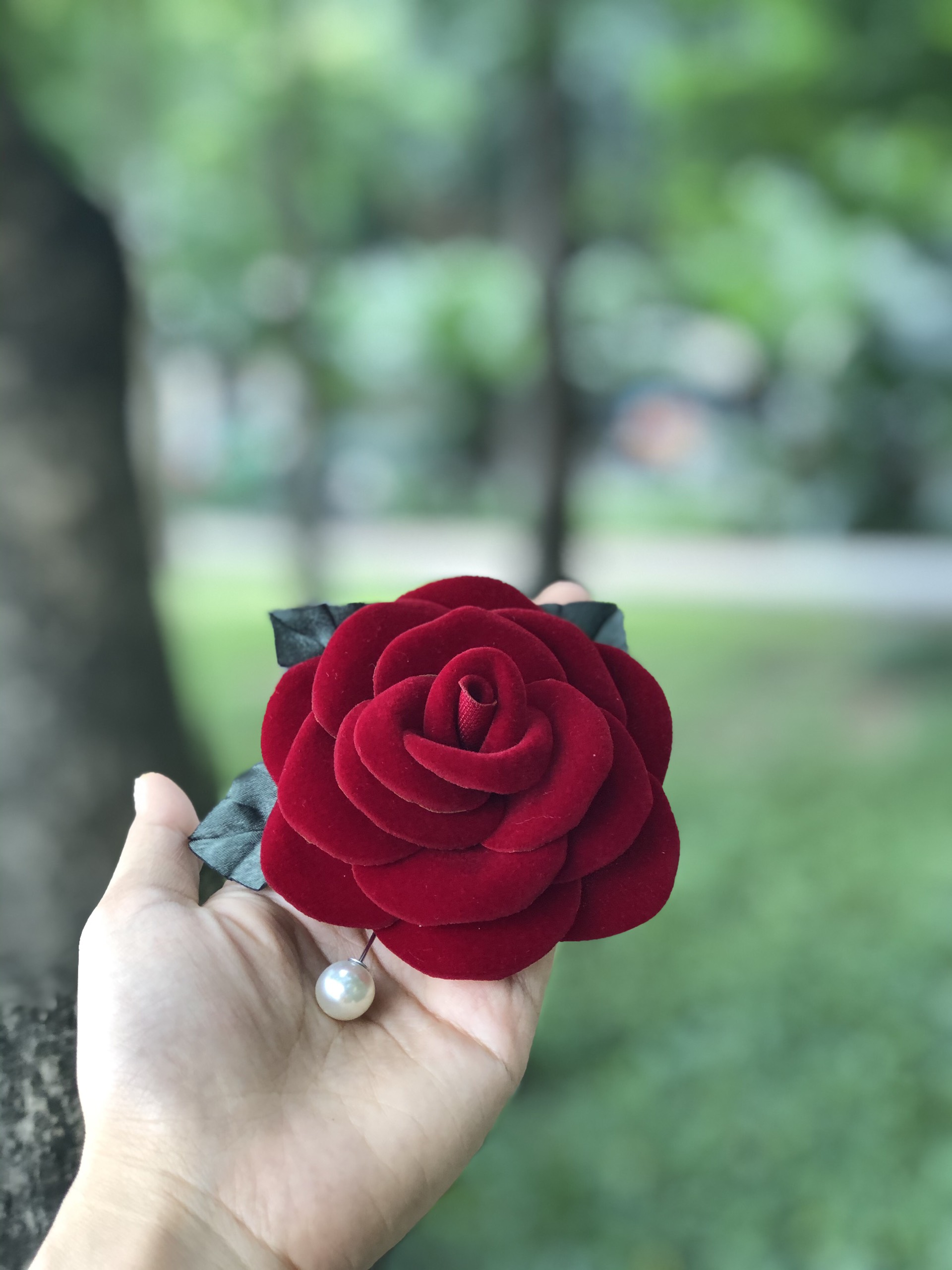 Sa Pa-Old Red Velvet Rose Flower Brooch Pin By NhanDo Handmade