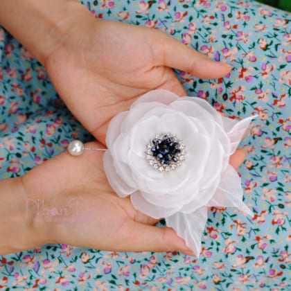 ND63 Pure-White Organza Silk Flower Brooch Pins By NhanDo Handmade, Handmade Gift Ideas