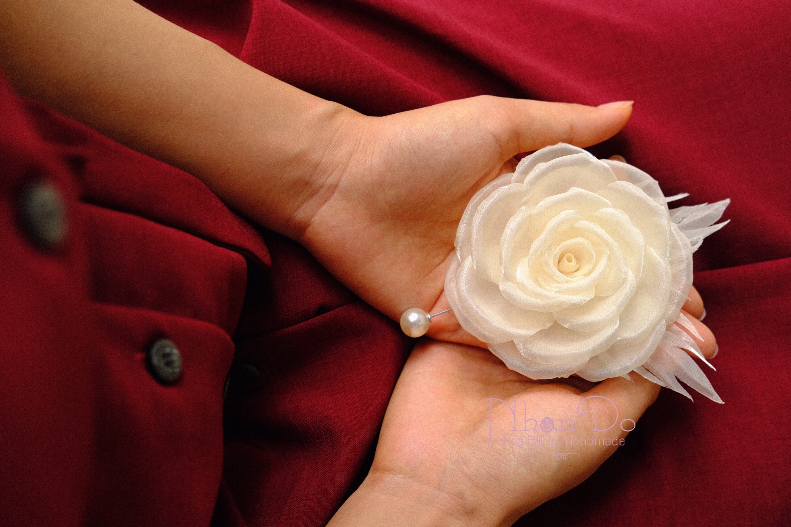 Large 5 Cream White Rose Silk Flower Brooch Pin 