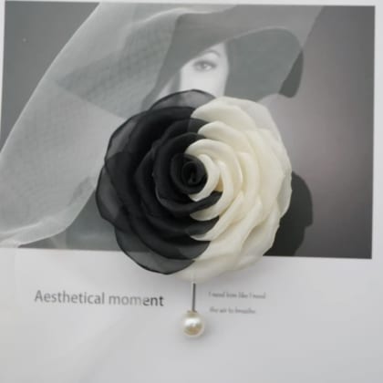 Black and White Silk Chiffon Rose Brooch pin For Women and Men By NhanDo Handmade – Floral Brooch Pin, Handmade Gift Ideas, Gift for her, Gift For Mom, Bridesmaid gift, valentines day gifts